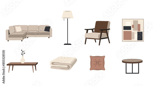 Modern minimalist living room furniture set with neutral tones and