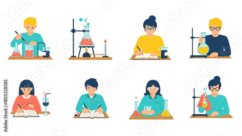 Flat design scientists and students conducting experiments in a