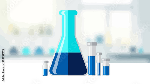 Laboratory glassware with blue liquid in modern flat design