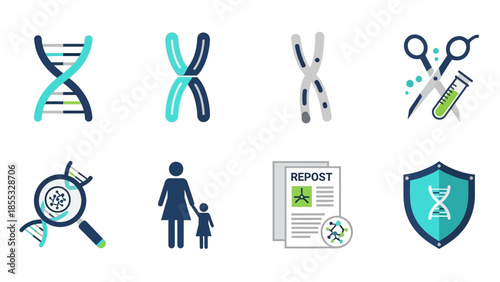 Genetic science icons pack: dna, microscope, lab tools, family, and