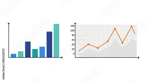 Bar and line graphs with trend analysis and data visualization in flat