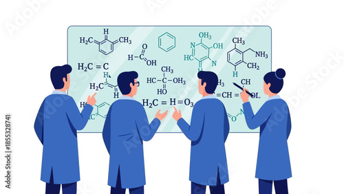 Scientists analyzing chemical formulas on board in modern laboratory