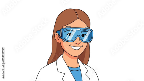 Scientist in safety goggles and lab coat smiling