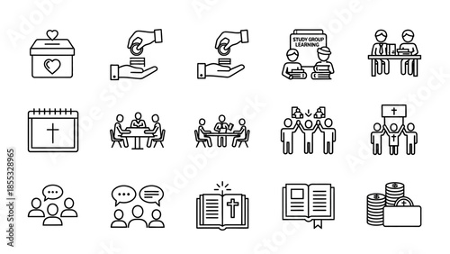 Icons depicting concepts related to faith, community, and giving, including a donation box, hands, calendar, people interacting, and religious symbols