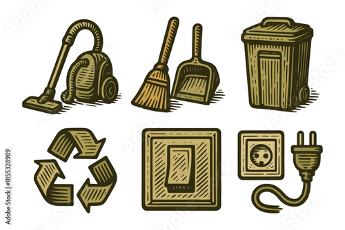 Vintage cleaning and recycling icons: household items in engraving style