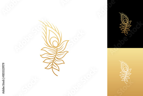 Peacock feather logo design with a minimalist and luxurious line concept in golden gradient colors