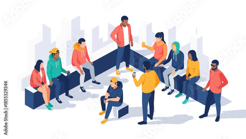 Diverse group of young people socializing in urban isometric design