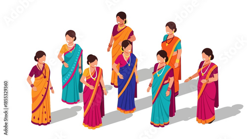 Group of women in colorful traditional clothing on white background