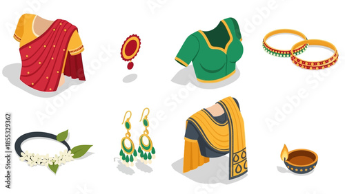 Traditional indian clothing and accessories in isometric design with bold colors