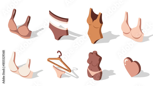 Isometric lingerie set featuring bras, panties, bodysuit, hanger, and mannequin on white