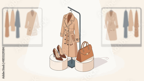 Elegant fashion display with coat, shoes, and handbag in chic boutique setting