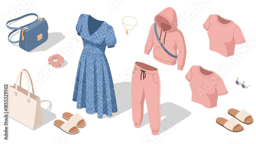 Modern isometric fashion set featuring casual and formal outfits with accessories