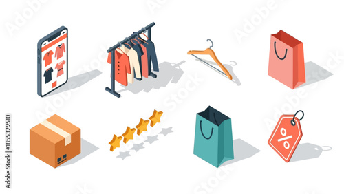 Isometric online shopping elements: clothes, bags, and ratings