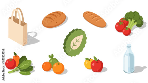Isometric grocery elements: fresh produce, bread, and eco-friendly bag