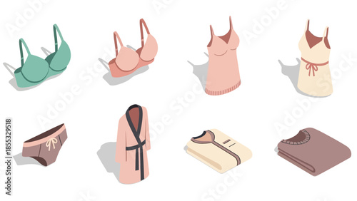 Isometric lingerie and cozy clothing collection in soft pastel shades