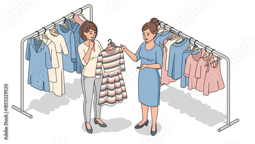 Women choosing clothes in boutique shopping scene with dresses and outfits