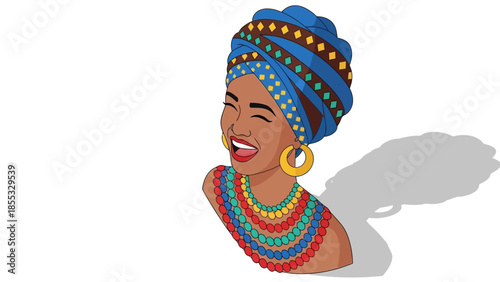 Colorful headscarf and necklace adornment on smiling woman