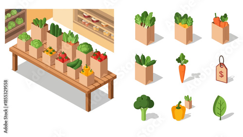 Isometric grocery display with paper bags of fresh vegetables and price tag