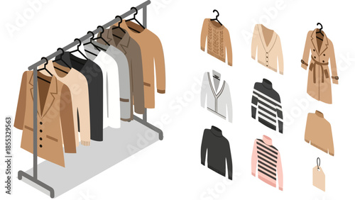 Elegant coat collection on rack with assorted sweaters and tags in isometric style