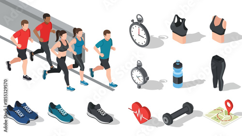 Isometric fitness icons: runners, stopwatch, workout gear, and more