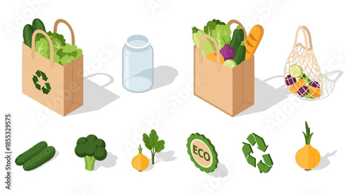 Eco-friendly shopping essentials with reusable bags, glass jar, and fresh vegetables in isometric style