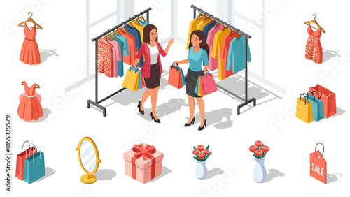 Fashion shopping experience with friends in a modern boutique setting