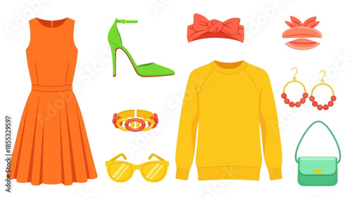 Colorful fashion ensemble with stylish accessories in flat design