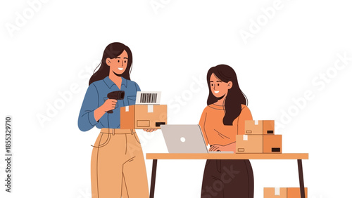 Female entrepreneurs managing online retail business with barcode scanner and laptop