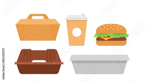 Flat design takeaway packaging with cup and burger