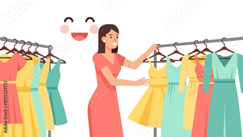 Woman shopping for bright summer dresses in a happy atmosphere