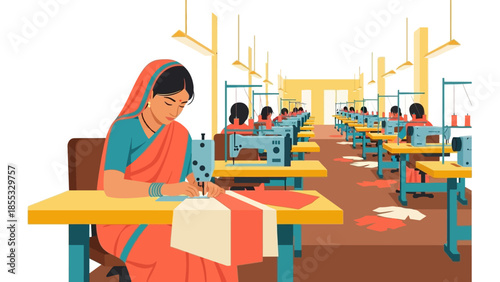 Women sewing in factory setting with machines and colorful fabrics in flat design