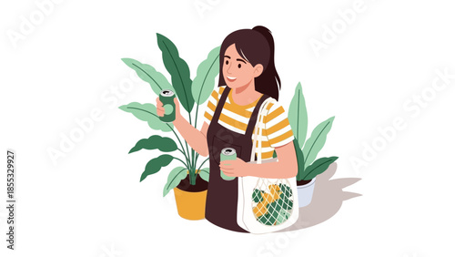 Woman enjoying beverages with reusable bag and plants in a flat design