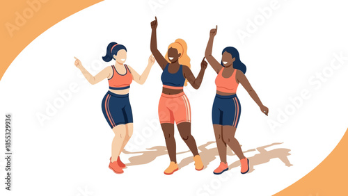 Diverse women celebrating fitness in modern flat design with joyful energy
