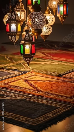 Vibrantly lit ornamental lanterns cast soft, warm light over an arrangement of traditional patterned prayer mats, creating a deeply spiritual and festive ambiance