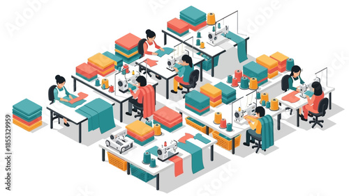 Isometric sewing workshop: tailors working in textile production environment