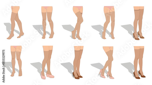 Various women's leg poses in high heels and flat shoes with shadows