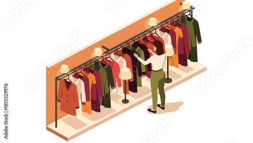 Woman browsing colorful clothing rack in modern boutique setting