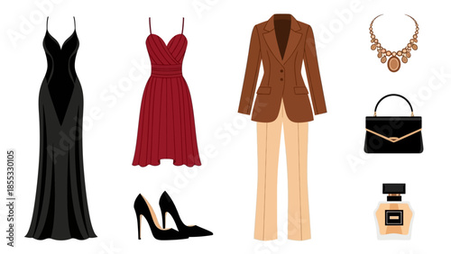 Elegant outfit collection featuring evening gown, blazer, accessories, and fragrance