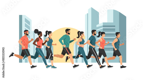 Group of diverse runners jogging through urban cityscape at sunrise