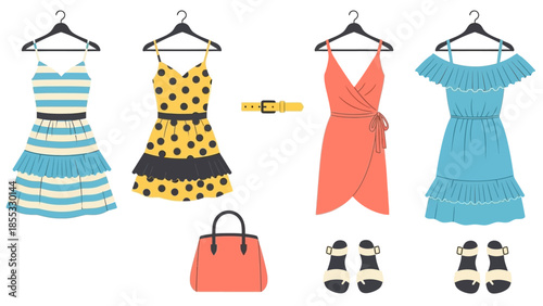 Colorful dresses and accessories collection on hangers