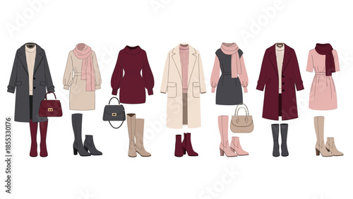 Fashionable fall outfits in modern flat style with elegant accessories