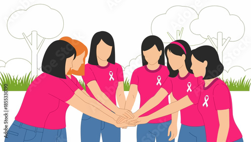 Teamwork and support among women in pink ribbon shirts for breast cancer awareness