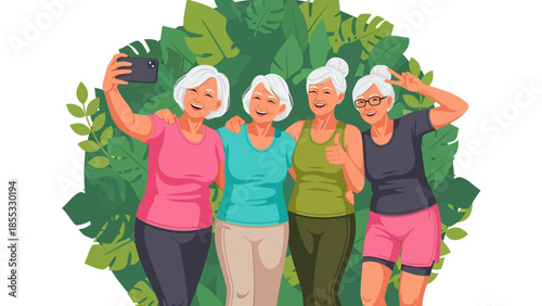 Happy senior women taking selfie in nature with green foliage background