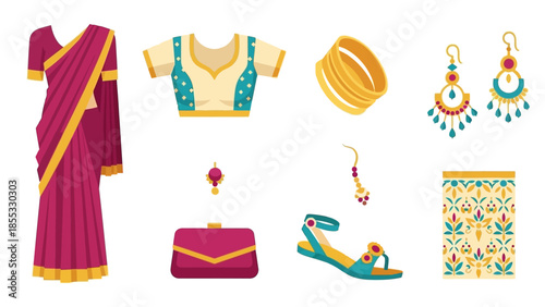 Traditional indian attire and accessories: sari, jewelry, and handbag in flat design