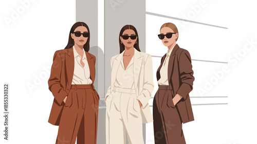 Elegant fashionable women in chic outfits and sunglasses with modern minimalist style