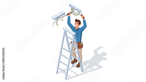 Electrician fixing ceiling light on ladder in isometric style