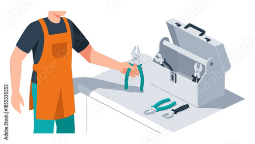 Person in orange apron holding pliers by open toolbox on table