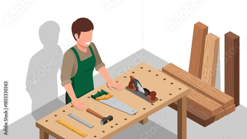 Carpenter working on wooden craft project in isometric workshop scene