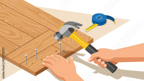 Carpentry tools: hammer and nails on wooden surface with measuring tape