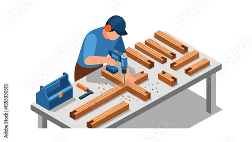 Isometric carpenter working on wood project with power tools in workshop setting